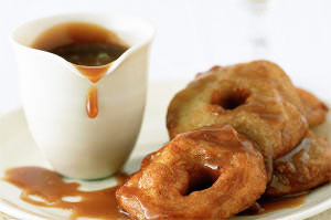 Apple fritters with apple brandy butterscotch sauce Apple fritters with apple brandy butterscotch sauce