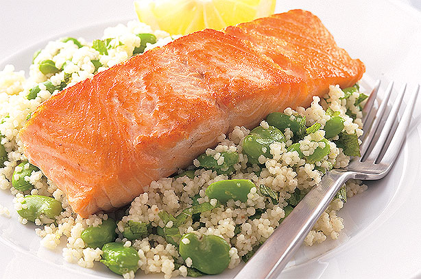 Salmon with broad bean couscous recipe Salmon with broad bean couscous recipe