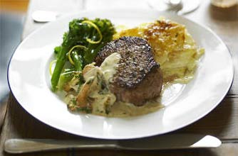 Steak with Mushroom and Brandy Sauce and Brocoli with a Lemony Dressing