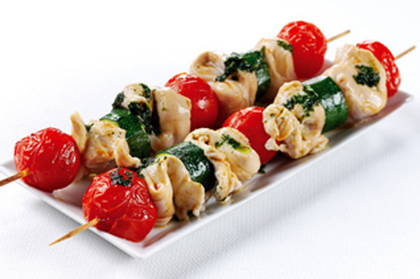 Chicken, tomato and courgette skewers