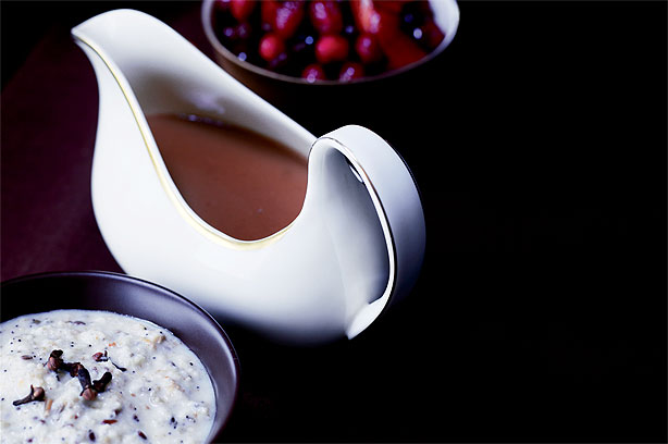 Brandy and Redcurrant Gravy, Bread Sauce and Cranberry Sauce
