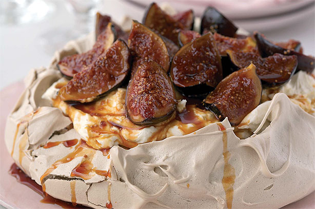 Brown Sugar Pavlova with Mascarpone Cream and Roasted Figs