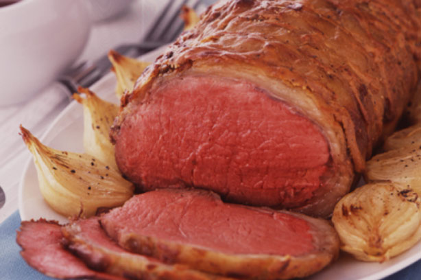 Garlic and mustard crusted roast beef with honey-glazed onions Garlic and mustard crusted roast beef with honey-glazed onions