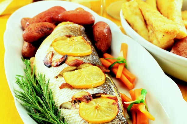 Whole roast sea bass