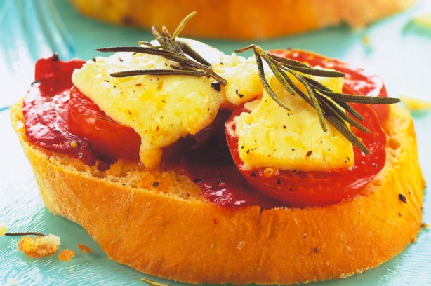 Cheshire on ciabatta with roasted peppers and tomatoes