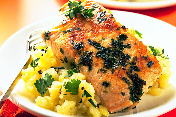 Salmon steaks on new potatoes