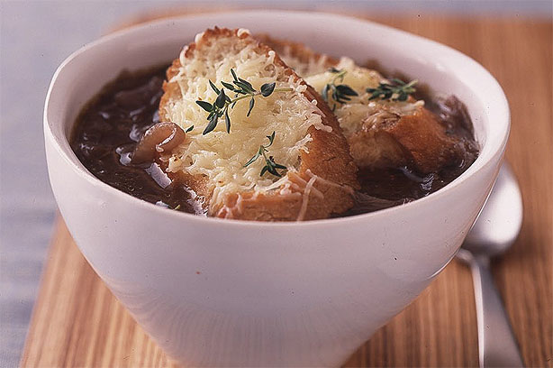 Red Onion Soup with Melting Cheese Toasts