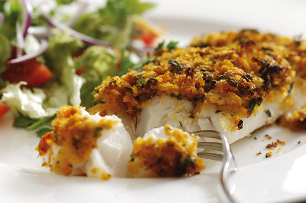 Roasted red pepper pesto topped cod