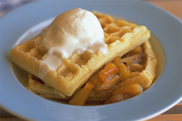 Waffles with Honeyed Pineapple and Ice Cream