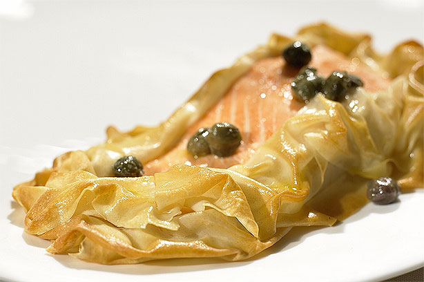 Filo Wrapped Salmon with Caper Butter