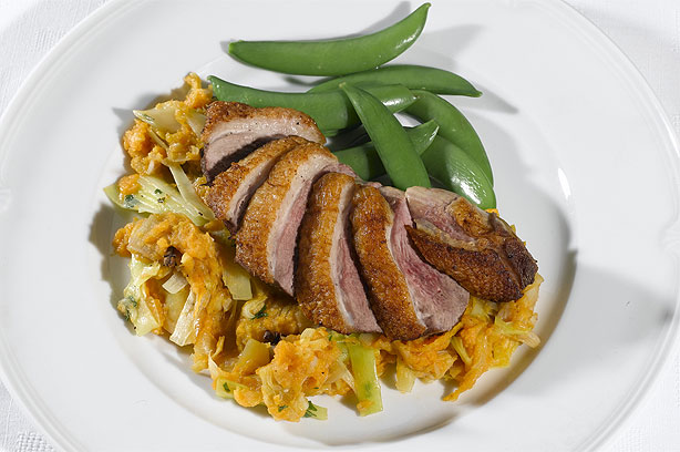 Fan of Duck Breast on a Spiced Leek and Sweet Potato Puree