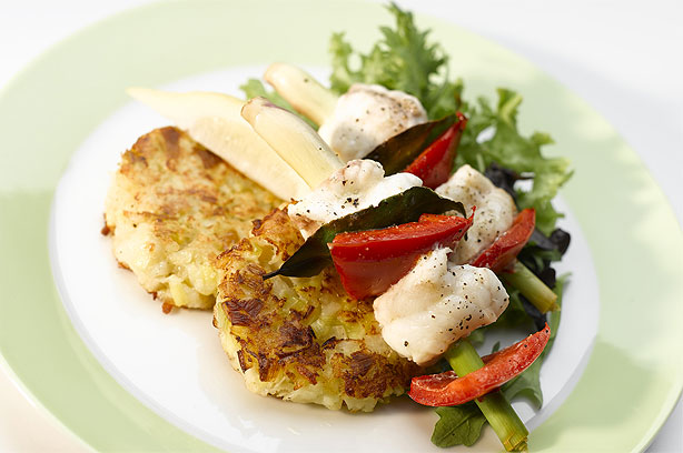Leek and Potato Rosti with Monkfish Kebab