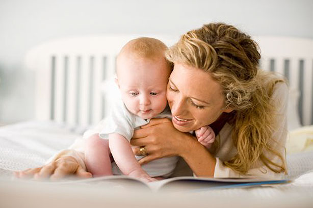 mohter baby reading book play happy
