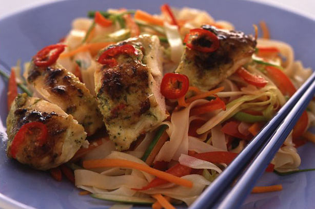 Coconut crusted chicken with rice noodles