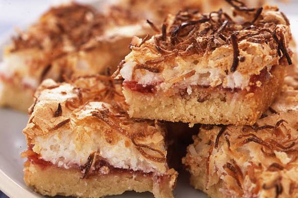 Shredded coconut mallow and jam squares