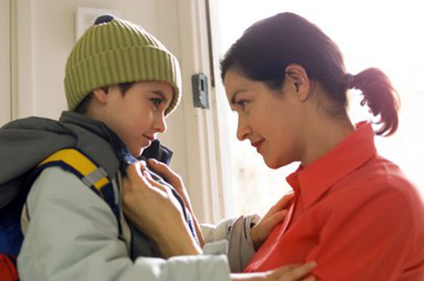 mother son coat winter school outside play