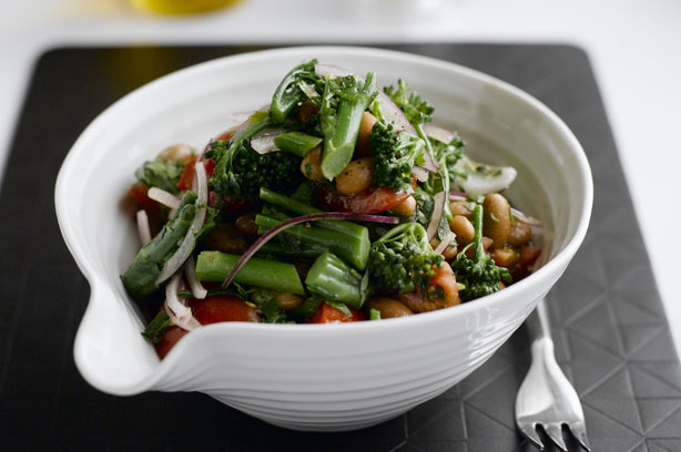 Tenderstem broccoli sald with borlotti, parsley red onion and tomato