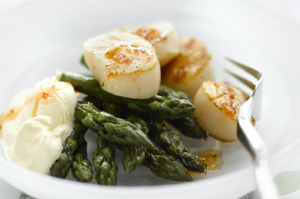 Griddled scallops with asparagus