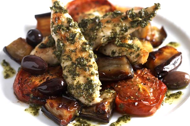 Pesto chicken with aubergine, tomatoes and olives