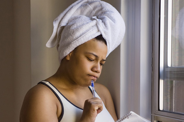 Woman thinking, woman in towel, woman with pen, quiz Woman thinking, woman in towel, woman with pen, quiz