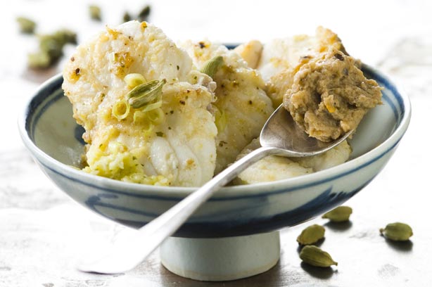 Lemongrass monkfish with aubergine mash, Lemongrass monkfish with aubergine mash,