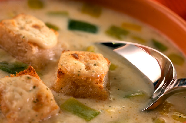 Leek soup with herby croutons