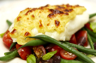 Cheesy cod with green bean salad