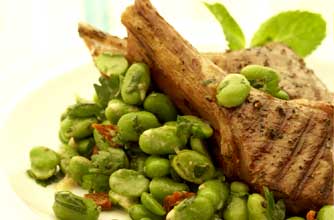 Broad bean salad with griddled lamb recipe Broad bean salad with griddled lamb recipe