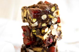 Chocolate, nut and cherry biscuit squares