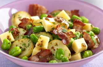 Warm broad bean, Edam and pancetta salad recipe Warm broad bean, Edam and pancetta salad recipe