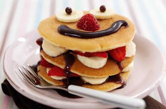 Chocolate and strawberry pancake stack