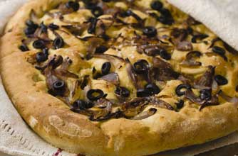 Pesto, onion and olive focaccia Pesto, onion and olive focaccia