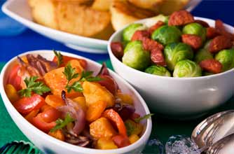 Sprouts with Chorizo, root vegetable medley, roast potatoes_WW