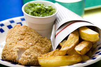 Fish, chips and mushy peas