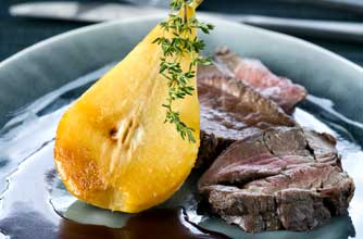 Roast venison with thyme pears and port