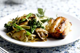 Miso cod with wok-fried broccoli and noodles