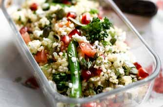 Quinoa salad with feta, broccoli and pomegranate