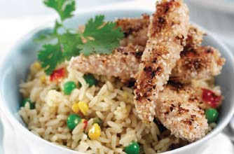 Honey and sesame chicken with vegetable rice Honey and sesame chicken with vegetable rice