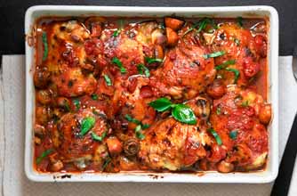 Tomato baked chicken with basil, mushrooms and baby potatoes