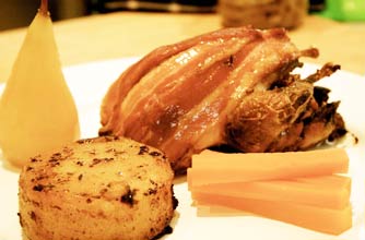 Hairy Bikers' roast partridge with festive stuffing, fondant potatoes and pickled pears