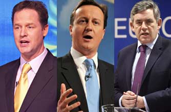 Nick Clegg, David Cameron and Gordon Brown