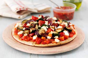 Vegetable and goat?s cheese pizza