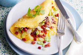 Essentials magazine, pancetta and spring onion omelette Essentials magazine, pancetta and spring onion omelette