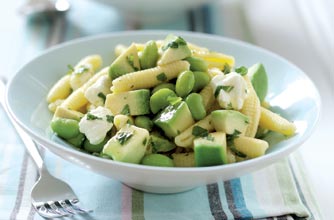 Pasta, avodado and minty beans salad