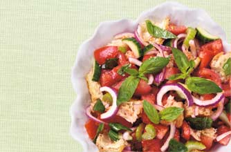 An Italian salad of tomatoes, cucumber, onions, celery and toasted ciabatta An Italian salad of tomatoes, cucumber, onions, celery and toasted ciabatta