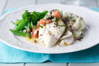 roast fish and herby mash