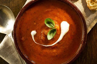 Roast tomato soup with beans and basil