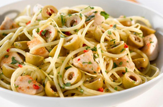 Spaghetti with chicken and green olives