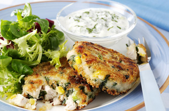 Roast turkey hash cakes with yoghurt & mint dressing Roast turkey hash cakes with yoghurt & mint dressing
