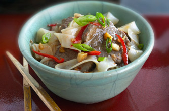 Ken Hom's Stir-fried rice noodles with beef chilli bean sauce